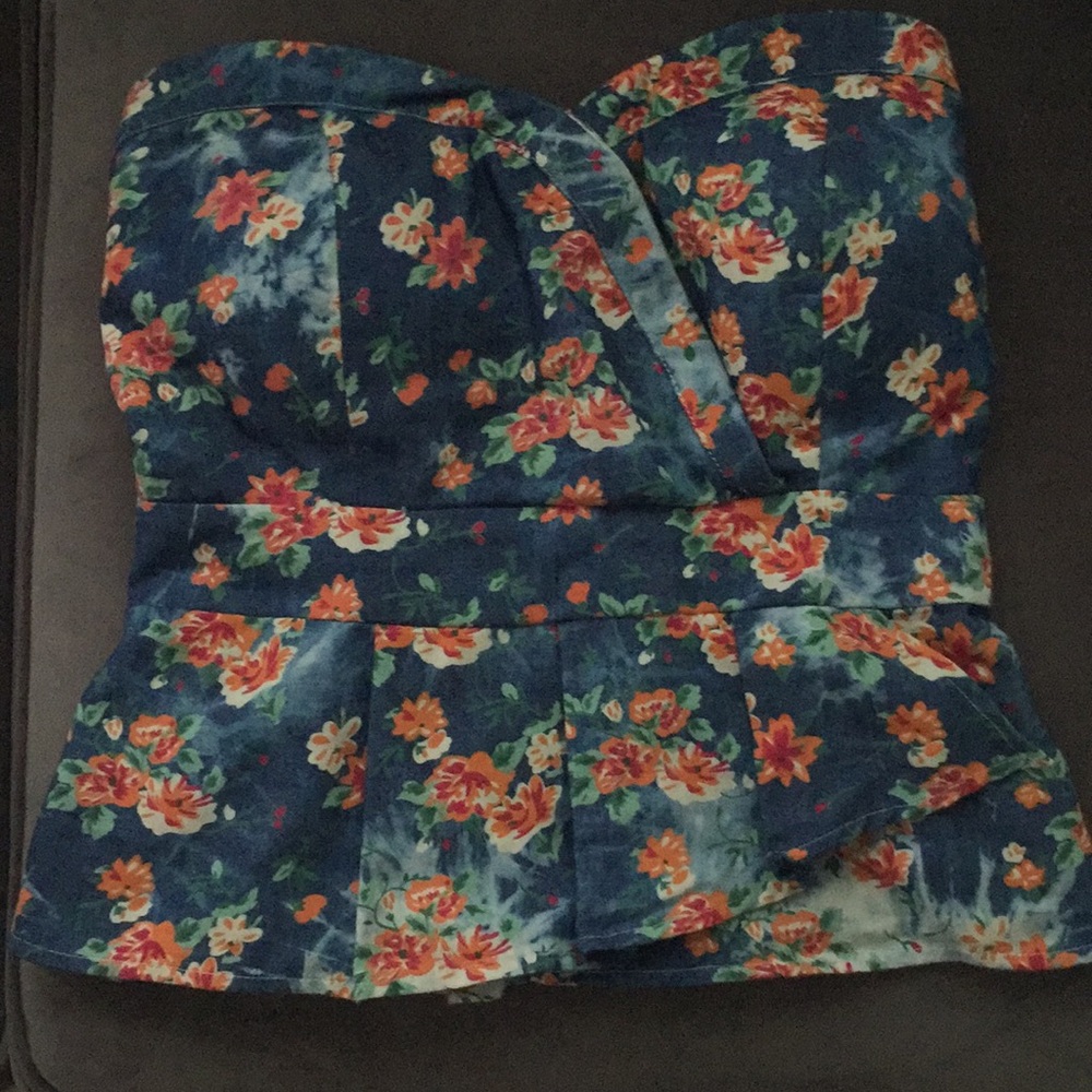 Denim Floral Strapless Peplum Top